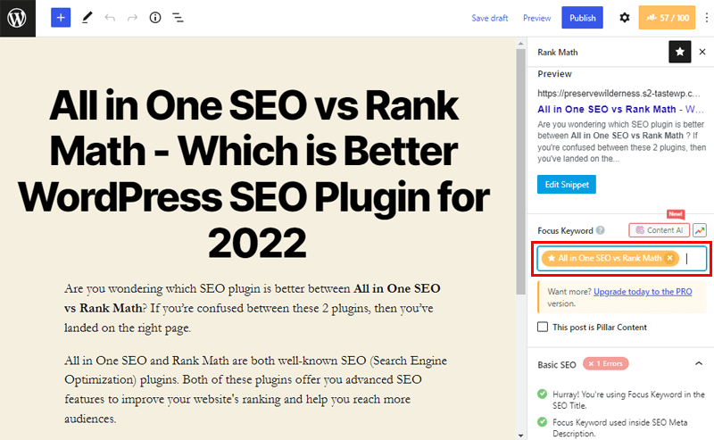 Adding Focus Keyword in Rank Math