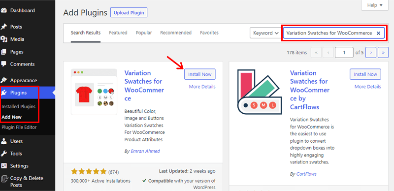 Search and Install the Product Variation Swatches for WooCommerce Plugin