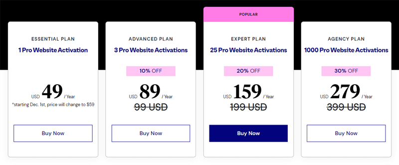 Pricing Plan of Elementor - Wix vs Elementor