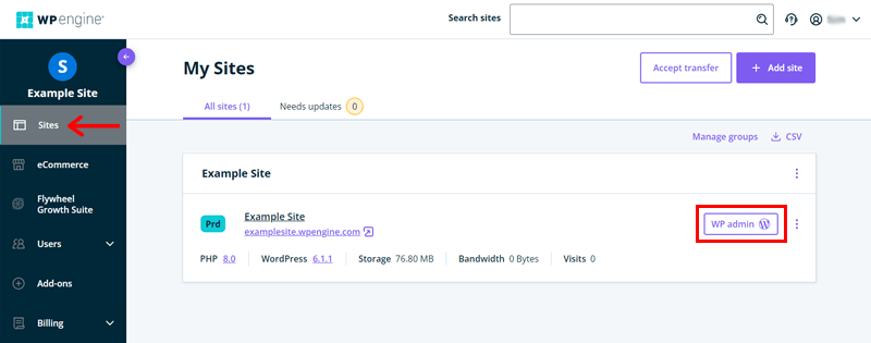 Click on the WP Admin Button from the Sites Menu