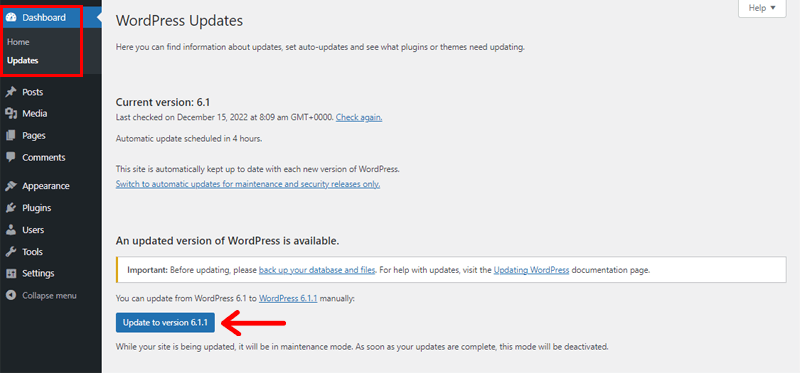 Navigate to Updates Menu & Click on Update to Version 6.1.1. Option