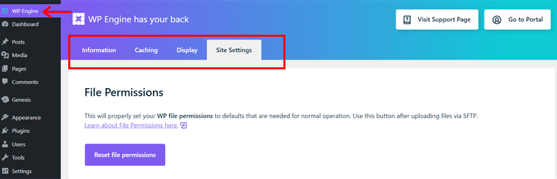 WP Engine Settings on WordPress Dashboard