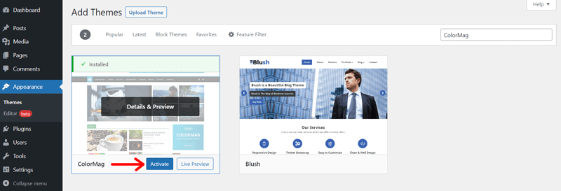 Activate the ColorMag Theme