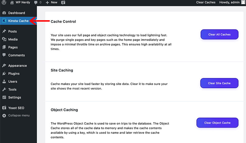 Kinsta Cache Menu