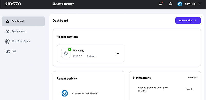 MyKinsta Dashboard Menu