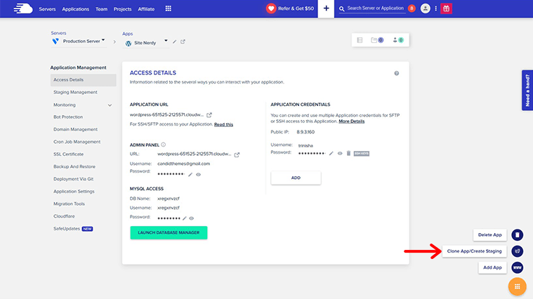 Click on the “Clone App/Create Staging” Option