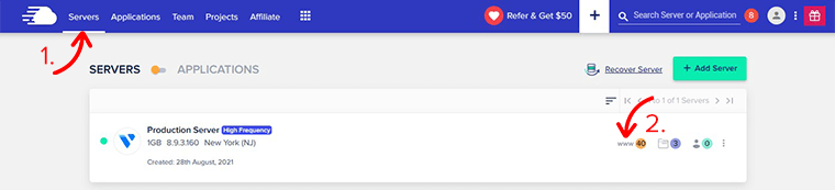 Click on the Servers Menu