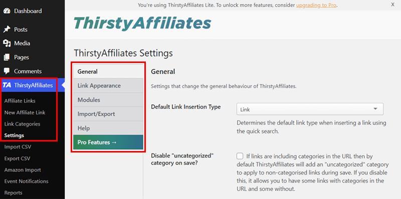 ThirstyAffiliates Settings