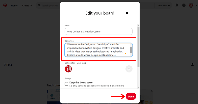 Write a Relatable Board Description & Click on Done Option