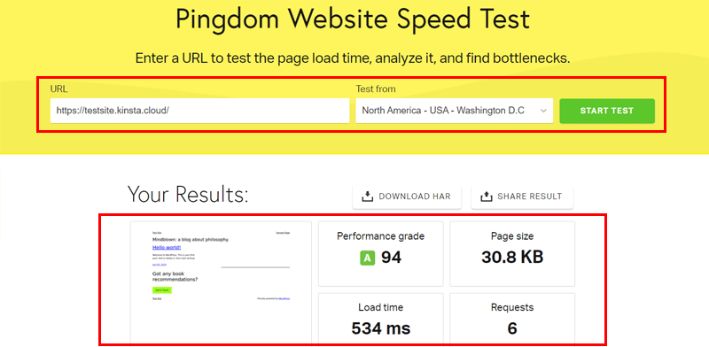 Pingdom Kinsta Website Speed Results