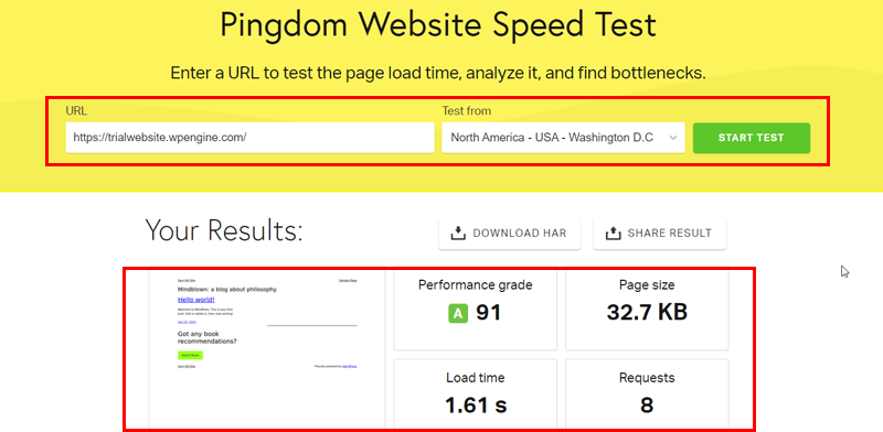 Pingdom WP Engine Website Speed Results