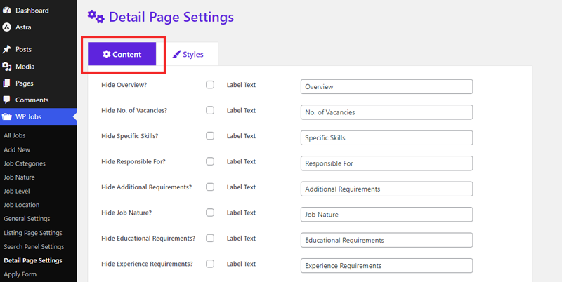 Customize Content On Detail Page Settings