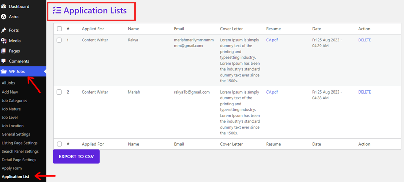 Job Application List Example
