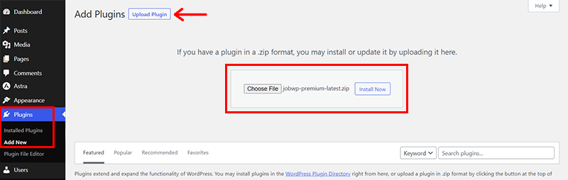 Upload and Install the JobWP Premium Version Zip File 