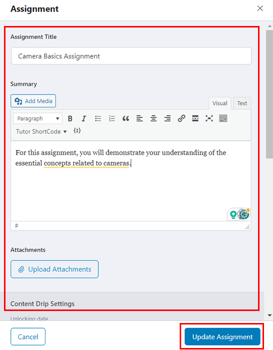 Add the Assignment & Click on Update Assignment Option