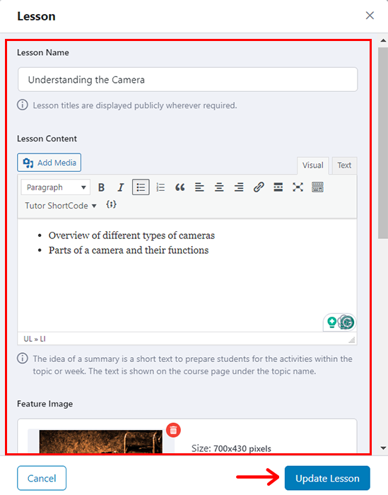 Create a Lesson & Click on Update Lesson Option