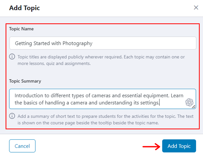 Create the Topic & Click on Add Topic Option