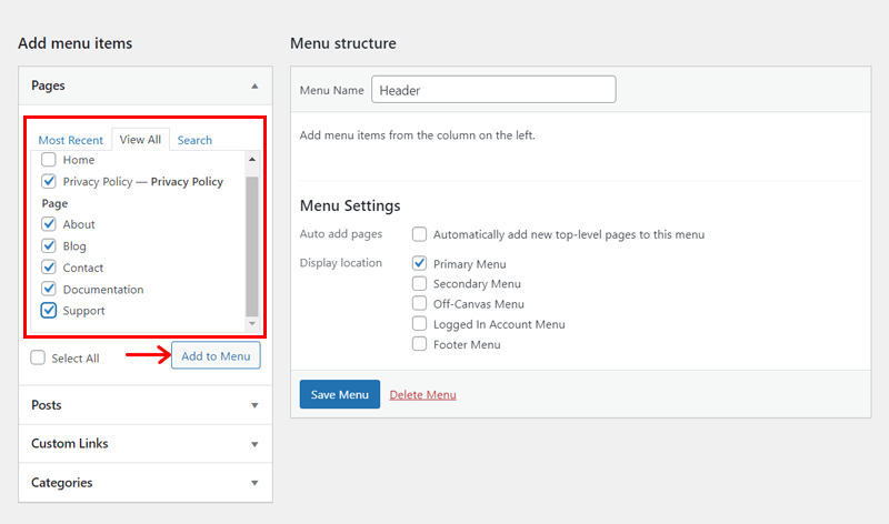 Select Pages and Add them to the Menu