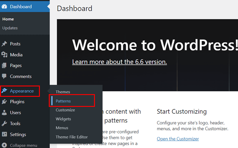 Open Patterns of Classic Themes in WordPress 6.6