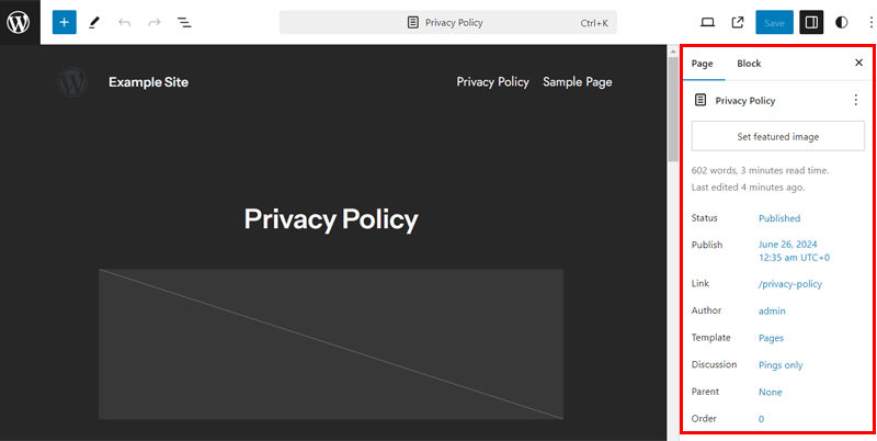 Page Settings in Site Editor