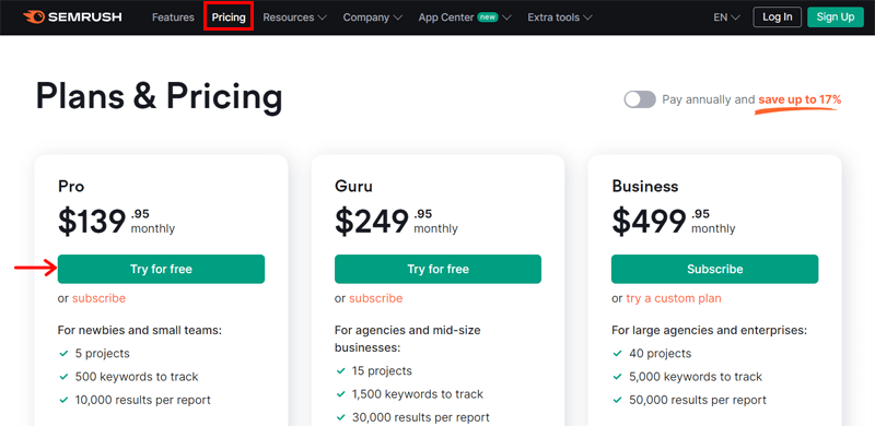 Pick Pricing Plan of Semrush