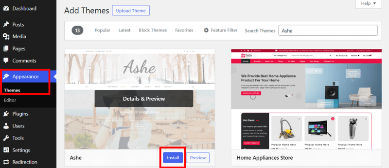 Install and Activate Ashe Theme
