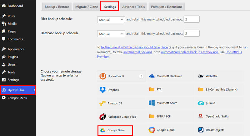 Go To UpdraftPlus Settings