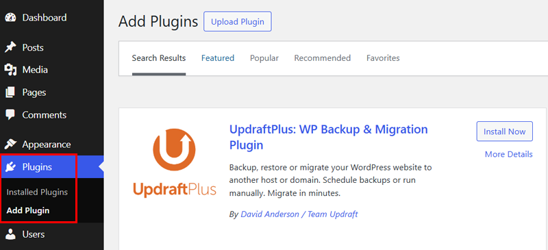 Install and Activate UpdraftPlus
