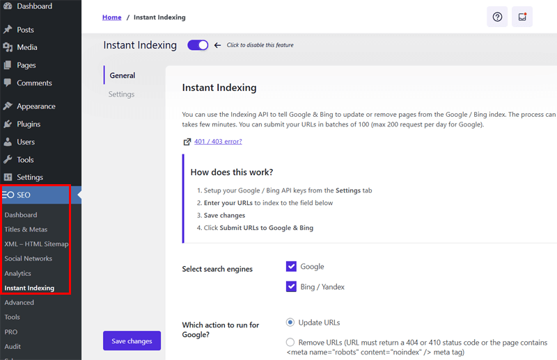 Instant Indexing in SEOPress