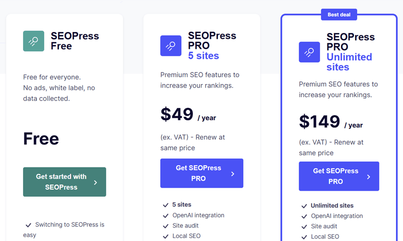 SEOPress Pricing Plans