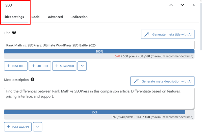 Title SEO Settings of SEOPress