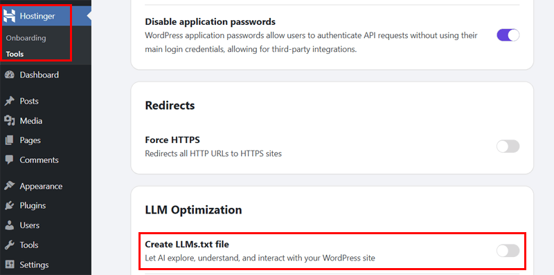 Enable llms.txt in Hostinger Tools