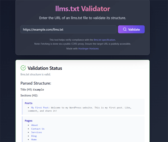 llms.txt Validation by Hostinger