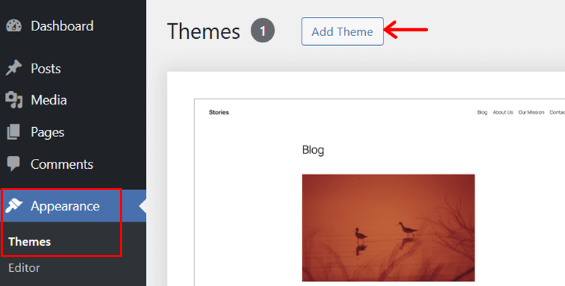Appearance > Themes > Add Theme