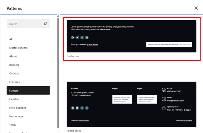 Select the Footer Pattern