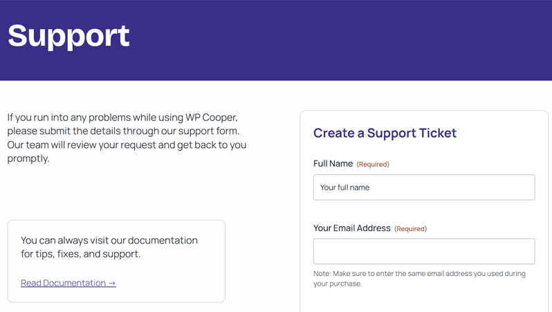 Support Page of WP Cooper