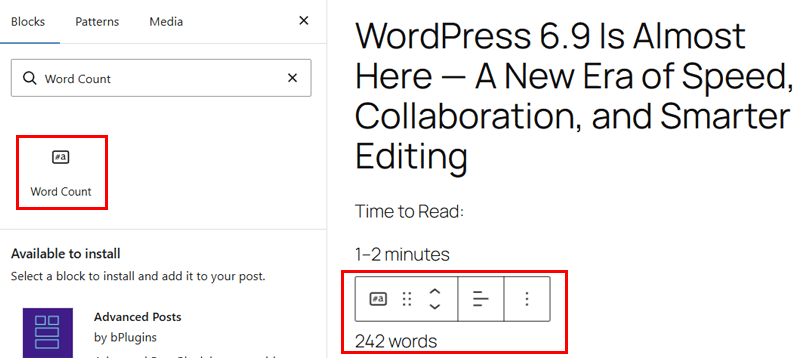 Word Count Block in WordPress 6.9