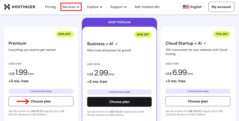 Hostinger Plan Selection