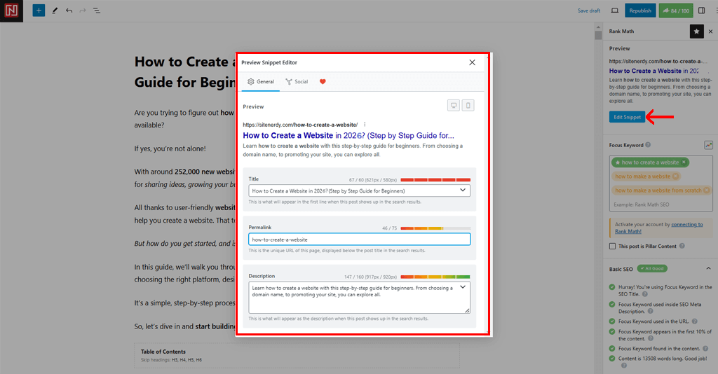 Rank Math Snippet Editor Box