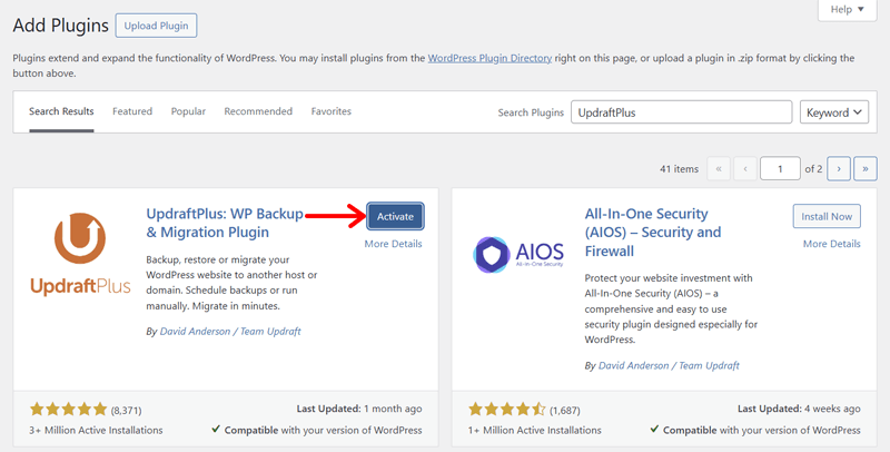 Activate the UpdraftPlus