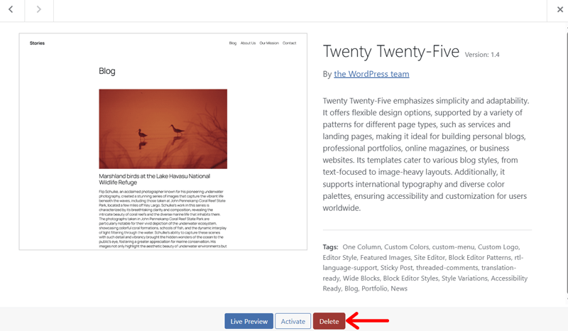 Click on Delete Button to Uninstall a Theme