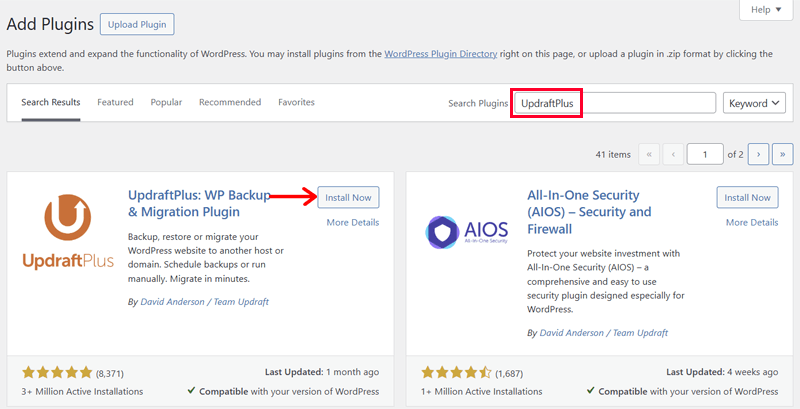 Search and Install UpdraftPlus Plugin