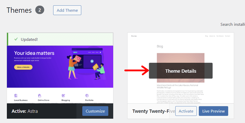 Installed WordPress Theme Details on WordPress dashboard Theme Page