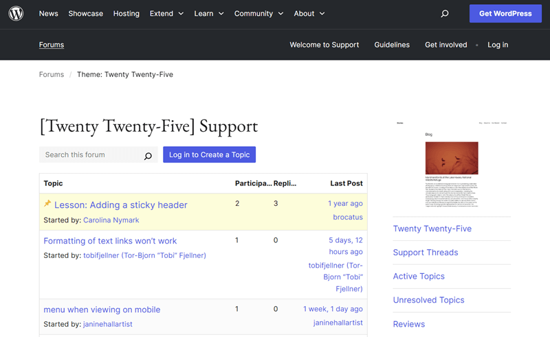 WordPress Support Forum for Themes