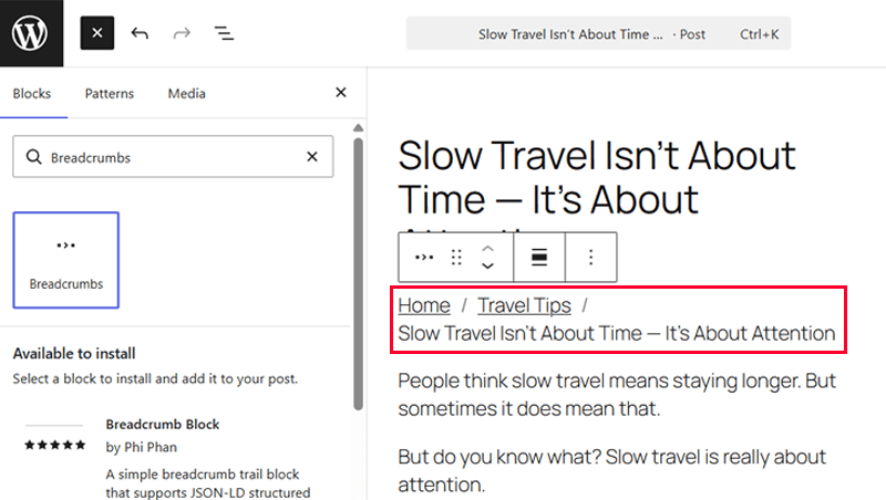 Adding the Breadcrumbs Block