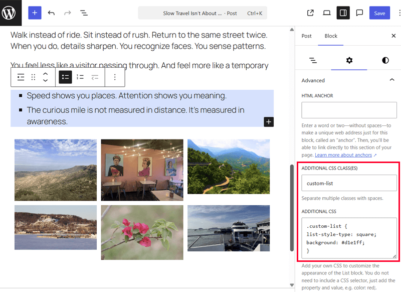 Custom CSS Code and Class to a Block