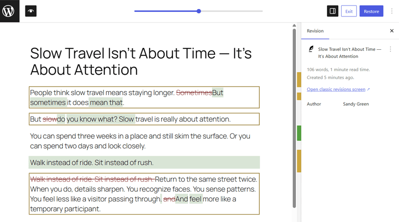 Visual Revisions with Comparisons and Restore Options